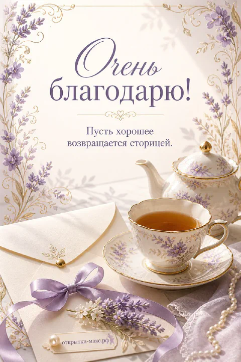Чашка чая, цветок и аккуратная открытка со словом спасибо