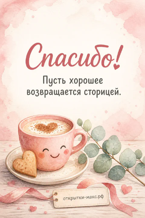 Чашка чая, цветок и аккуратная открытка со словом спасибо