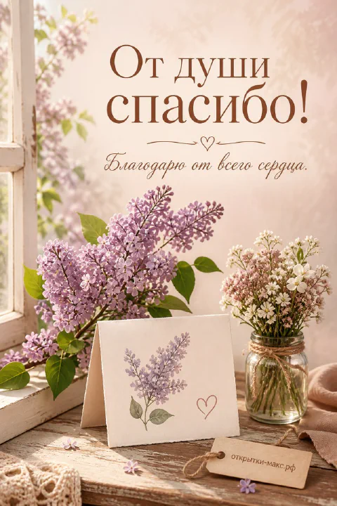 Чашка чая, цветок и аккуратная открытка со словом спасибо