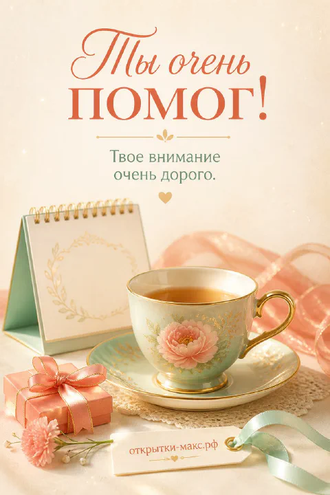 Чашка чая, цветок и аккуратная открытка со словом спасибо