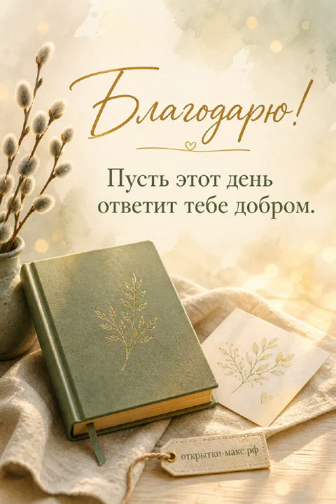 Чашка чая, цветок и аккуратная открытка со словом спасибо