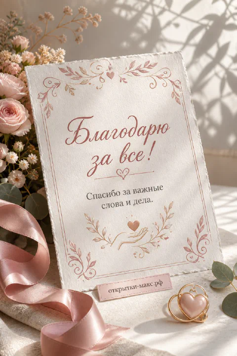 Чашка чая, цветок и аккуратная открытка со словом спасибо