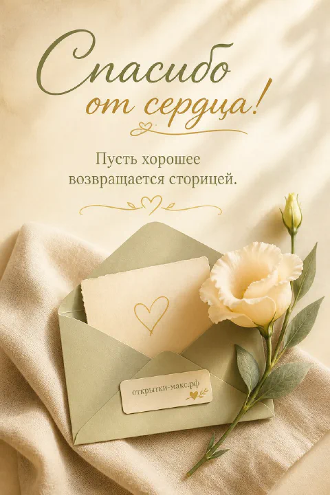 Чашка чая, цветок и аккуратная открытка со словом спасибо