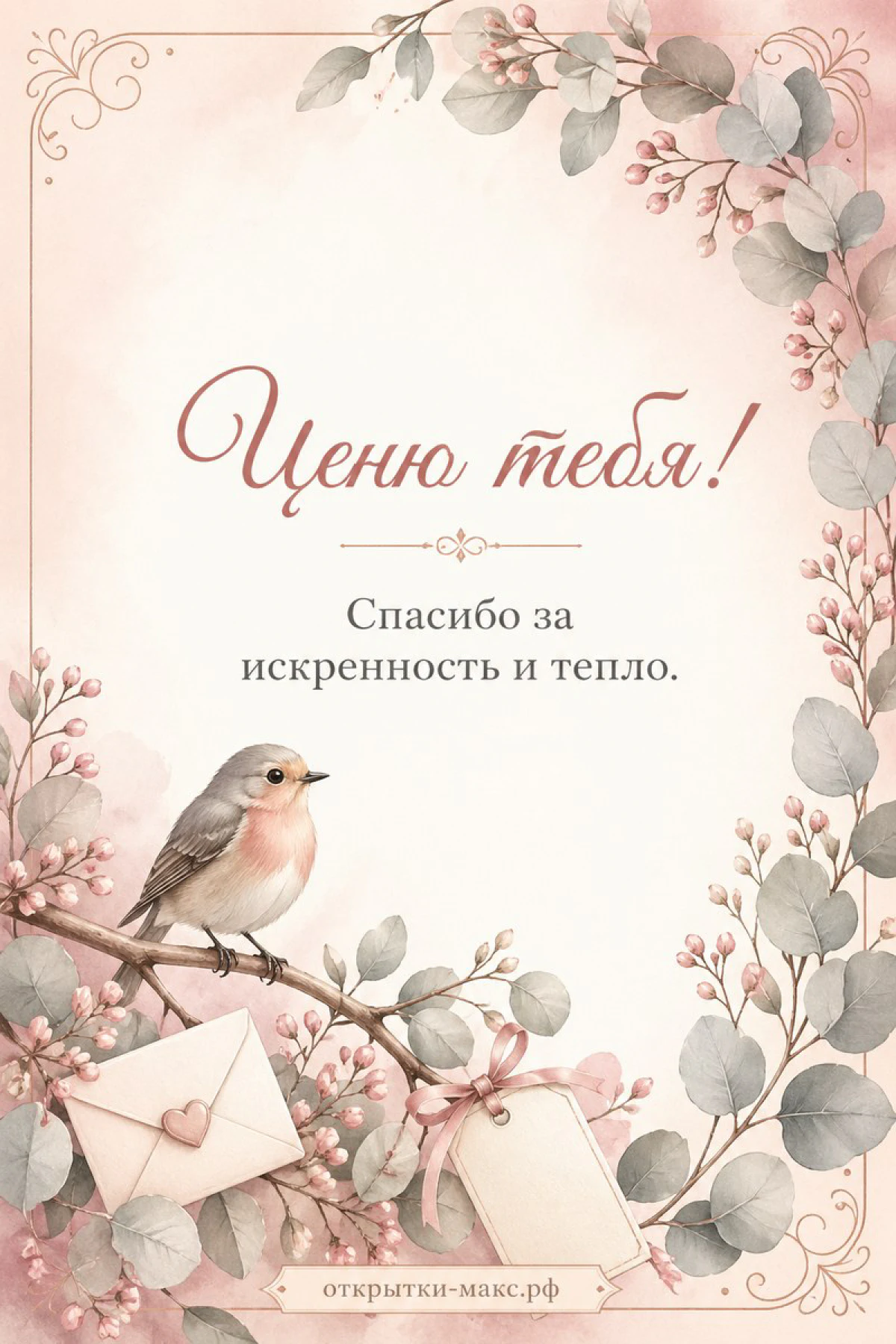 Чашка чая, цветок и аккуратная открытка со словом спасибо