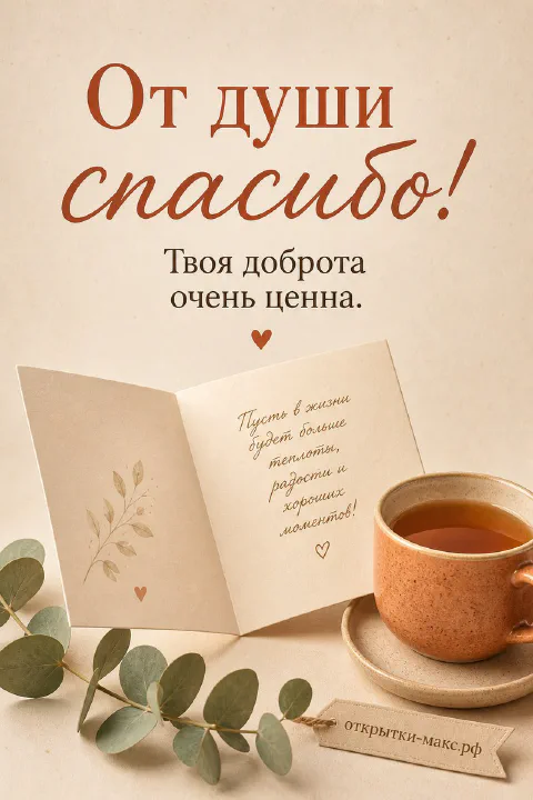 Чашка чая, цветок и аккуратная открытка со словом спасибо