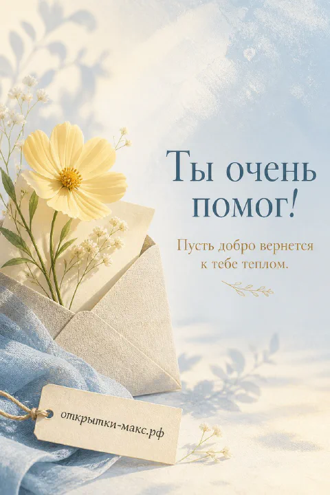 Чашка чая, цветок и аккуратная открытка со словом спасибо
