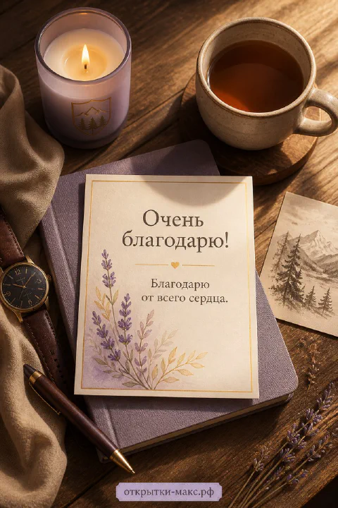 Чашка чая, цветок и аккуратная открытка со словом спасибо