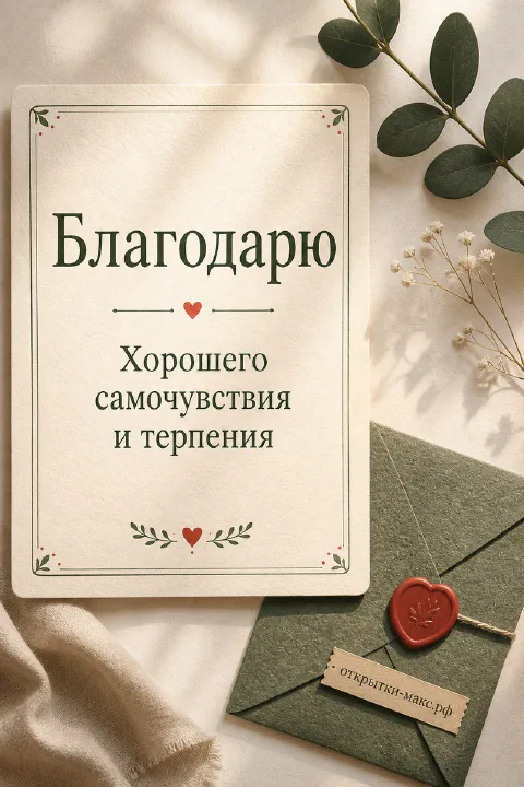 Чашка чая, цветок и аккуратная открытка со словом спасибо