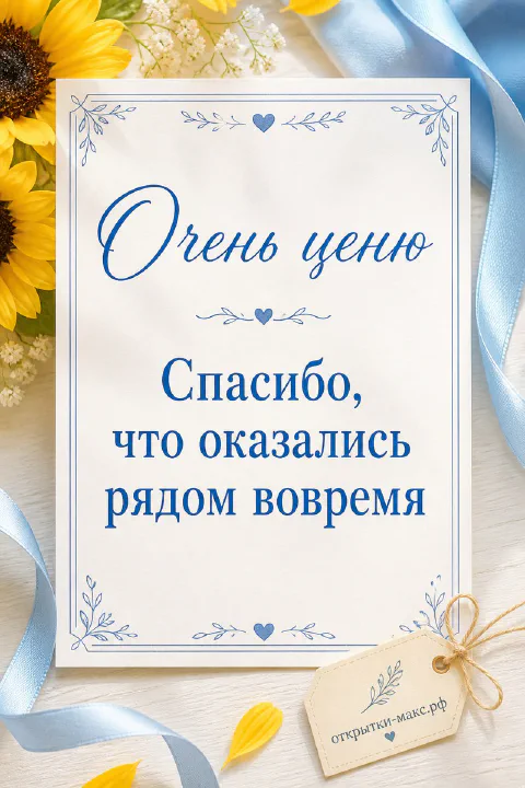 Чашка чая, цветок и аккуратная открытка со словом спасибо