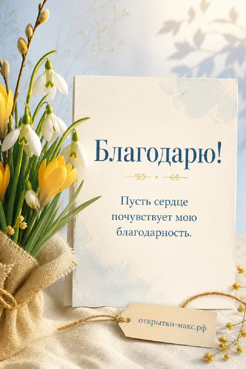 Чашка чая, цветок и аккуратная открытка со словом спасибо