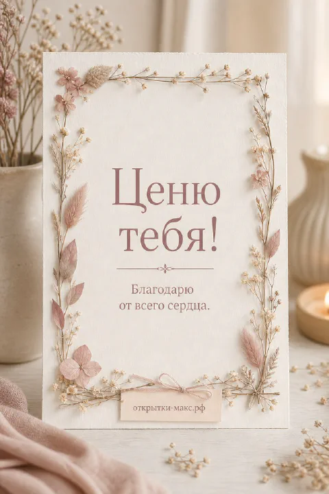 Чашка чая, цветок и аккуратная открытка со словом спасибо