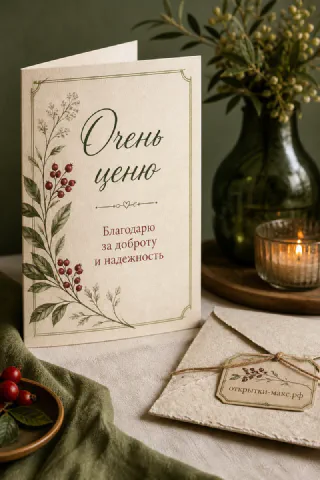Чашка чая, цветок и аккуратная открытка со словом спасибо