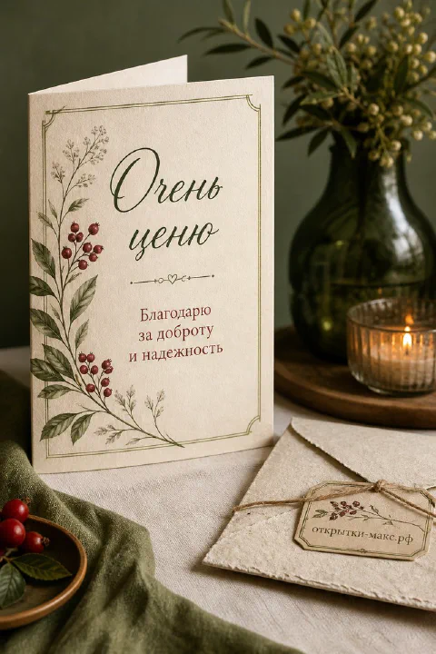 Чашка чая, цветок и аккуратная открытка со словом спасибо