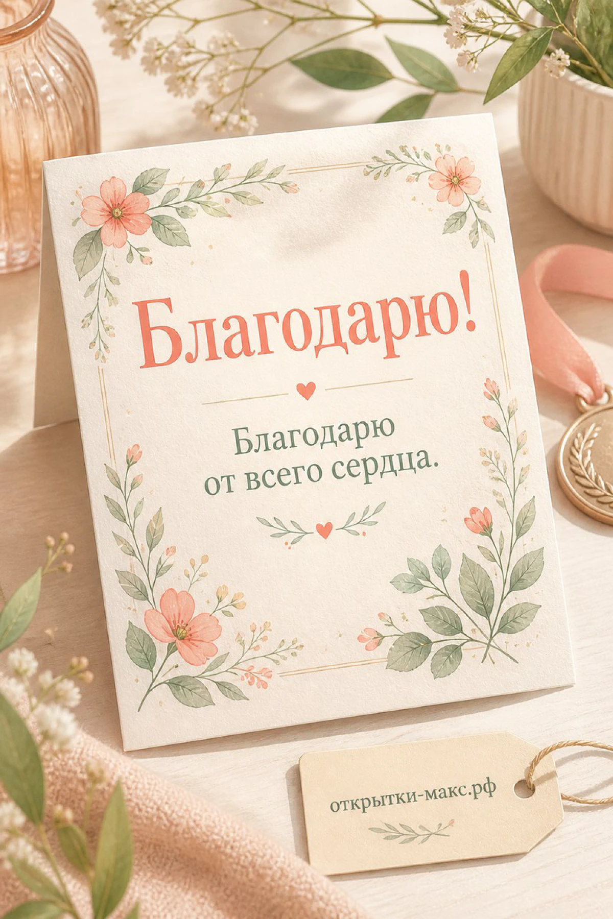 Чашка чая, цветок и аккуратная открытка со словом спасибо