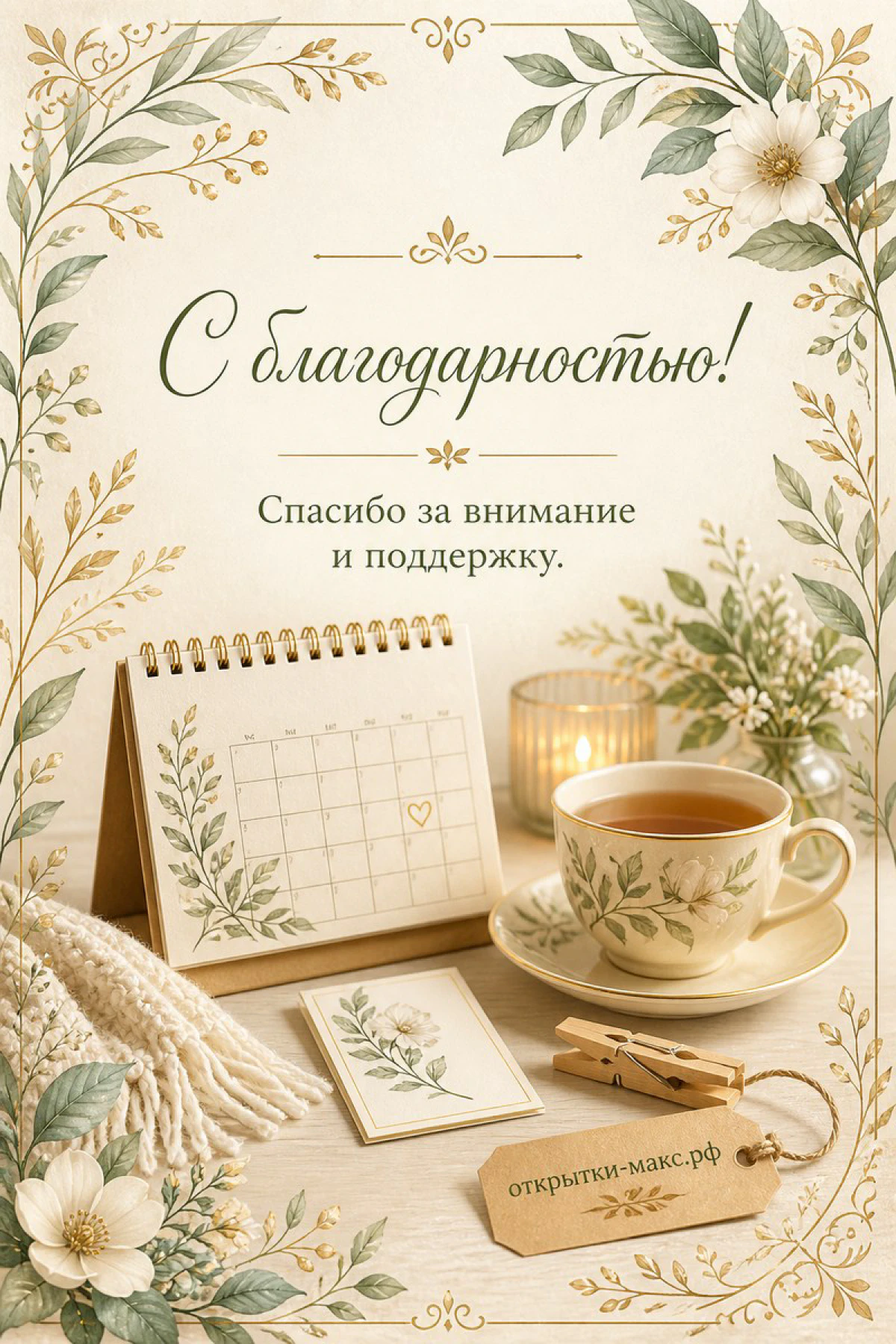 Чашка чая с блюдцем, настольный календарь и белые цветы в золотой рамке, надпись С благодарностью