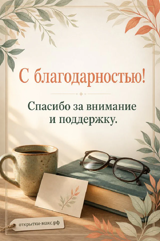 Чашка чая с блюдцем, настольный календарь и белые цветы в золотой рамке, надпись С благодарностью — вариант 2