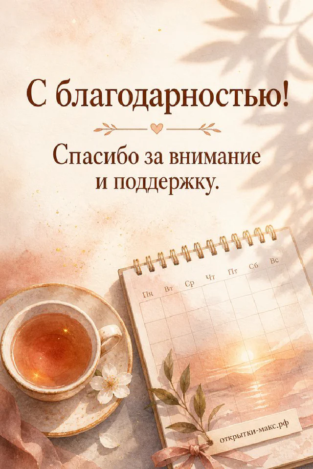 Чашка чая с блюдцем, настольный календарь и белые цветы в золотой рамке, надпись С благодарностью — вариант 4