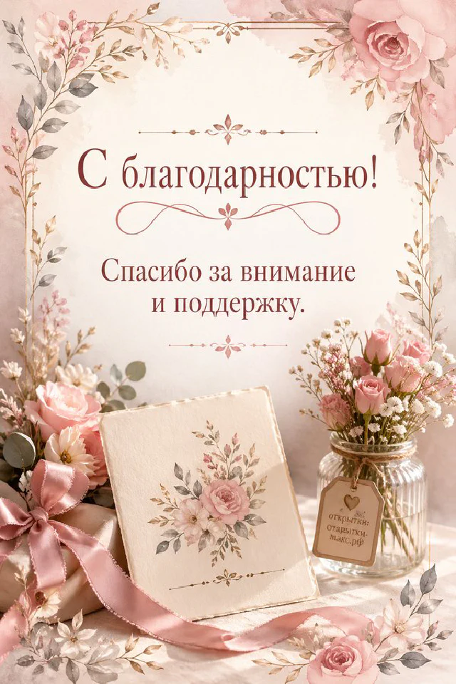 Чашка чая с блюдцем, настольный календарь и белые цветы в золотой рамке, надпись С благодарностью — вариант 8