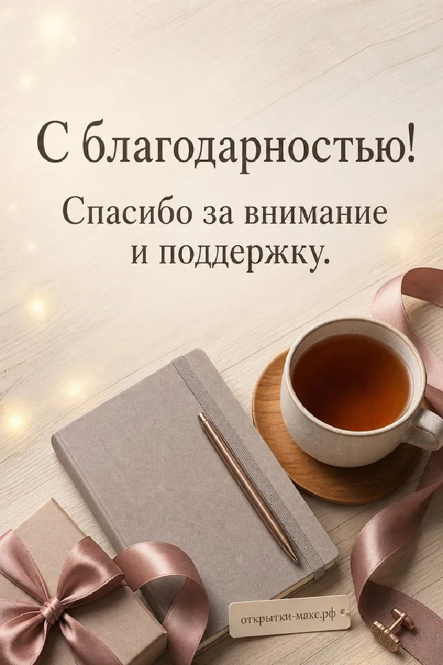 Чашка чая с блюдцем, настольный календарь и белые цветы в золотой рамке, надпись С благодарностью — вариант 5