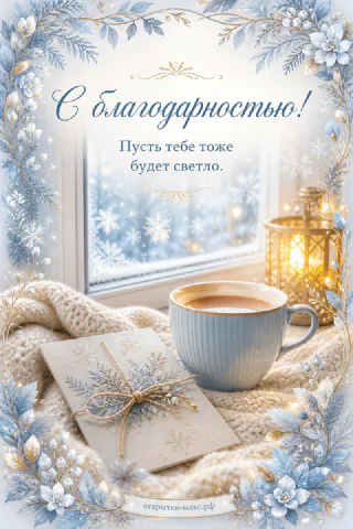 Голубая чашка чая на белом пледе у окна со снегом, фонарь и снежинки, надпись С благодарностью