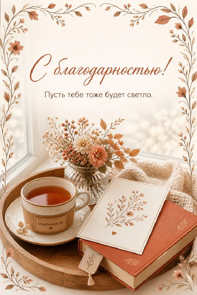 Голубая чашка чая на белом пледе у окна со снегом, фонарь и снежинки, надпись С благодарностью — вариант 3