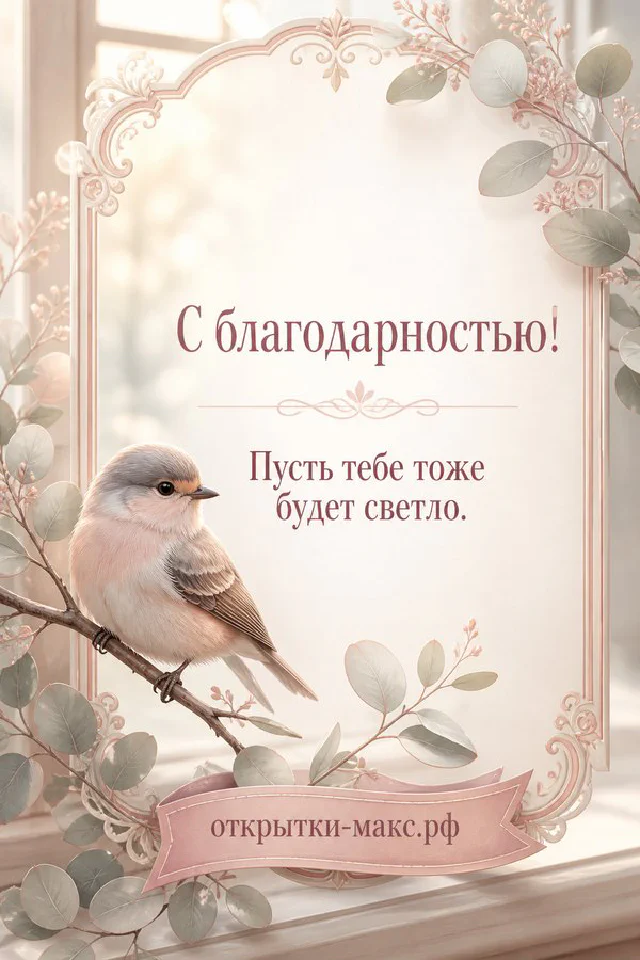 Голубая чашка чая на белом пледе у окна со снегом, фонарь и снежинки, надпись С благодарностью — вариант 8
