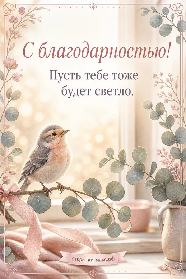 Голубая чашка чая на белом пледе у окна со снегом, фонарь и снежинки, надпись С благодарностью — вариант 4