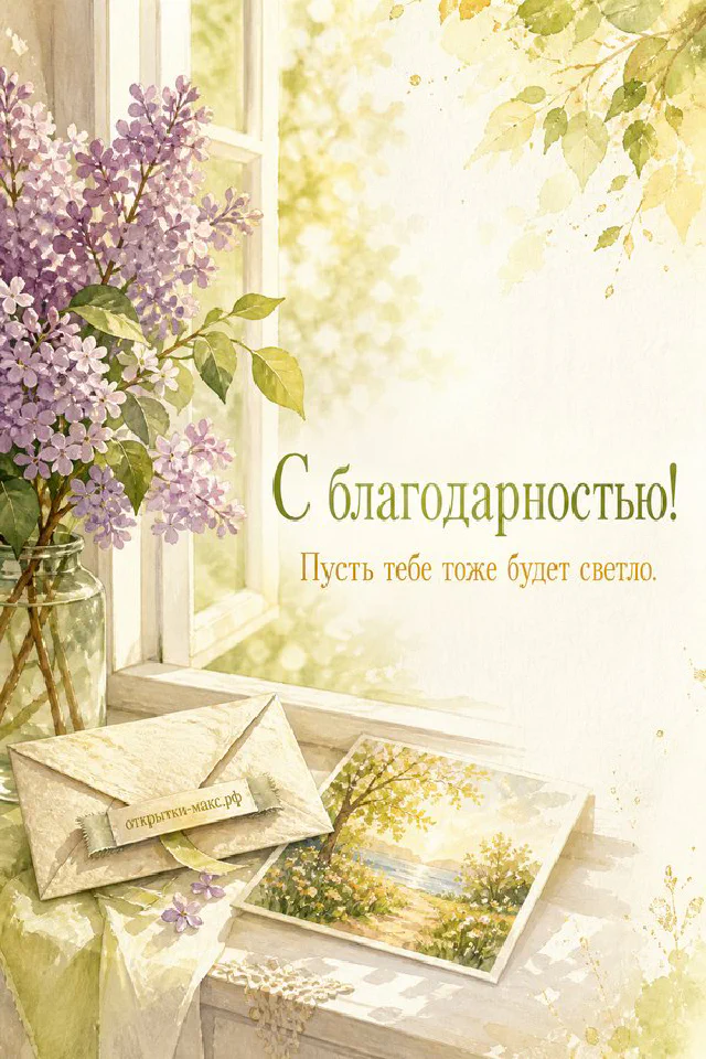 Голубая чашка чая на белом пледе у окна со снегом, фонарь и снежинки, надпись С благодарностью — вариант 6