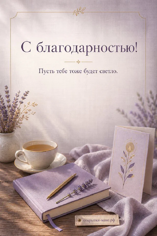 Голубая чашка чая на белом пледе у окна со снегом, фонарь и снежинки, надпись С благодарностью — вариант 7