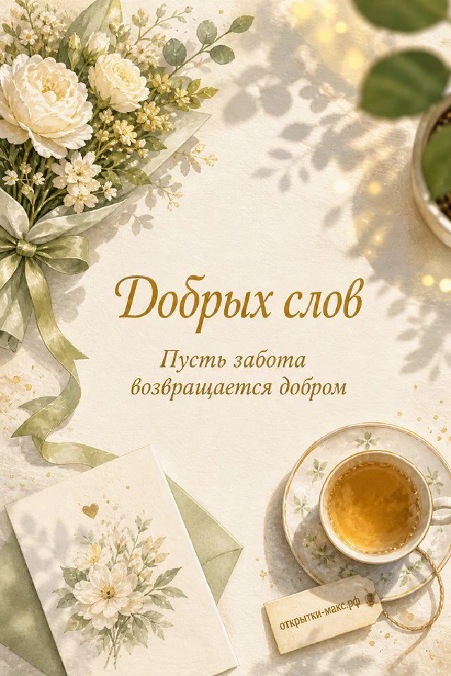 Сиреневый букет сирени и белых цветов рядом с чашкой чая и конвертом — открытка «Добрых слов, пусть забота возвращается добром» — вариант 2