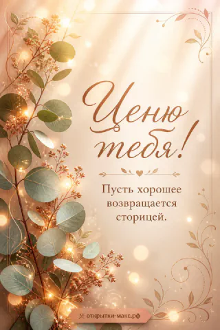 Ветки эвкалипта с бронзовыми листьями и золотыми огоньками боке с каллиграфией Ценю тебя