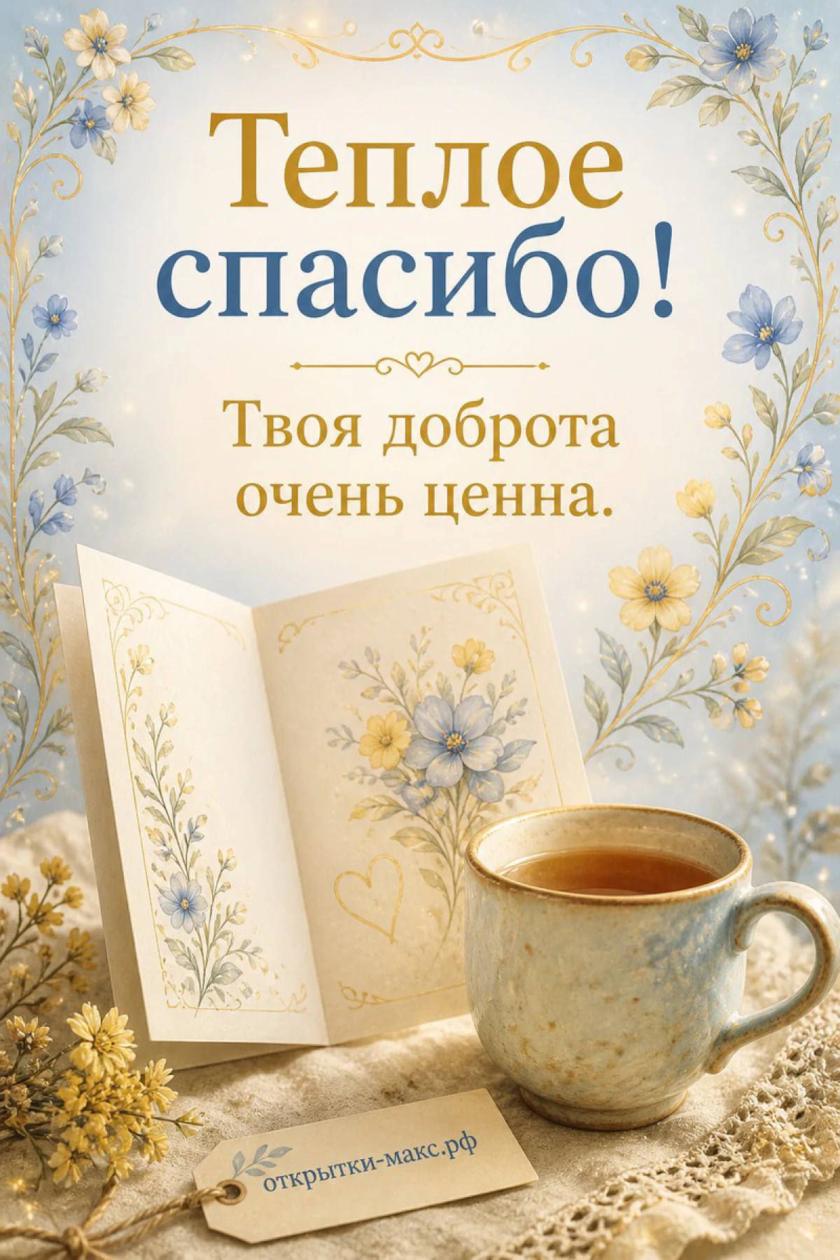 Раскрытая книга с цветочным рисунком и кружка чая с голубыми цветами на кружеве с надписью Тёплое спасибо