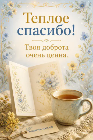 Раскрытая книга с цветочным рисунком и кружка чая с голубыми цветами на кружеве с надписью Тёплое спасибо