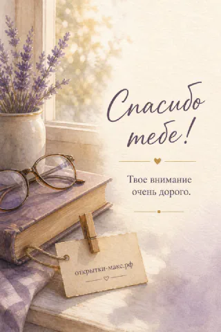 Книга с очками и букет лаванды в вазе у окна с надписью Спасибо тебе твоё внимание очень дорого