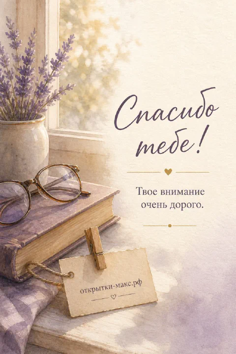 Книга с очками и букет лаванды в вазе у окна с надписью Спасибо тебе твоё внимание очень дорого