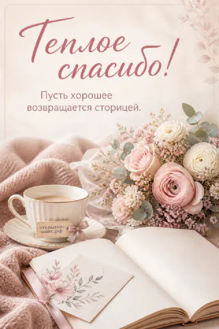 Чашка кофе и раскрытая книга рядом с букетом розовых пионов на розовом пледе с надписью Тёплое спасибо