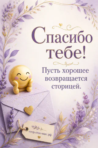 Лиловый конверт с золотым смайликом и лавандовые ветки с надписью Спасибо тебе