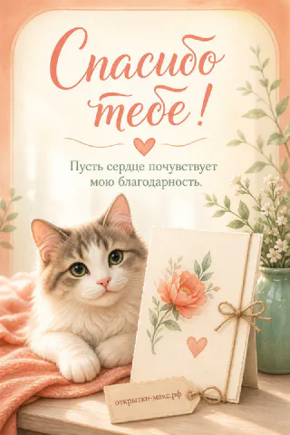 Серо-белый кот лежит рядом с открыткой с розовым пионом и сердечком, персиковый фон