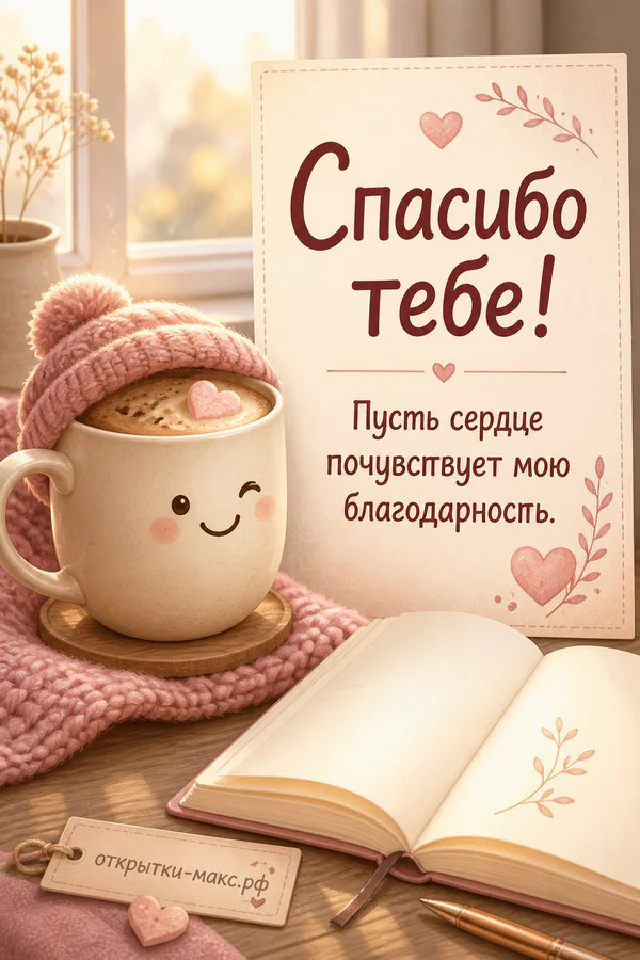 Серо-белый кот лежит рядом с открыткой с розовым пионом и сердечком, персиковый фон — вариант 3