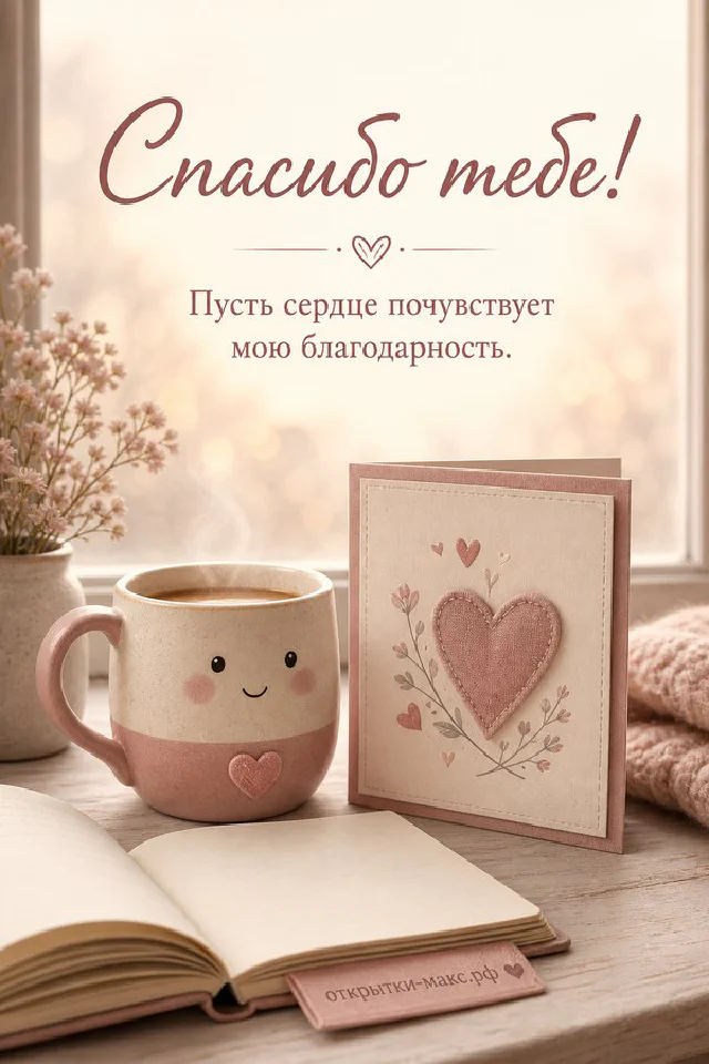 Серо-белый кот лежит рядом с открыткой с розовым пионом и сердечком, персиковый фон — вариант 4