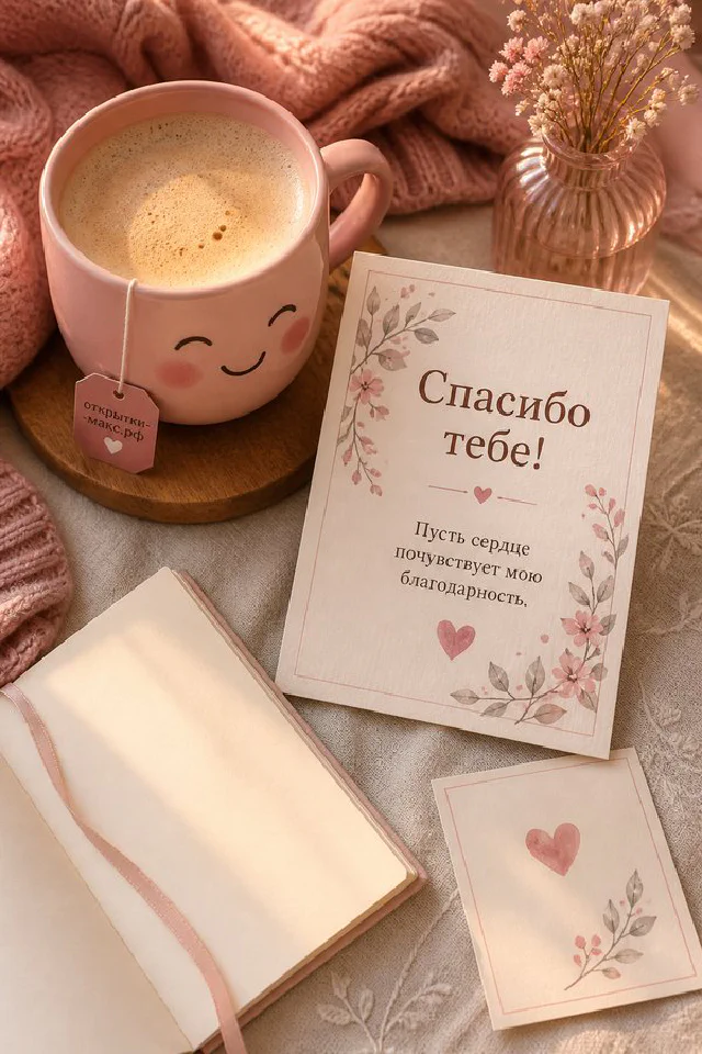 Серо-белый кот лежит рядом с открыткой с розовым пионом и сердечком, персиковый фон — вариант 5