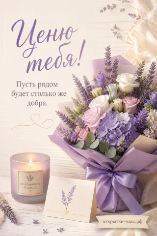 Пышный букет лаванды, роз и гортензий с горящей свечой и карточкой Благодарность в сердце на белом фоне