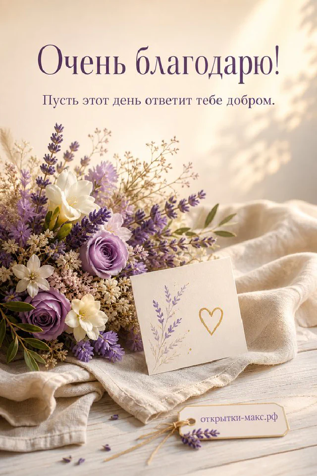 Открытка «Очень благодарю!» — акварельная карточка с вереском прислонена к синему блокноту рядом со свечой и ветками вербы — вариант 2