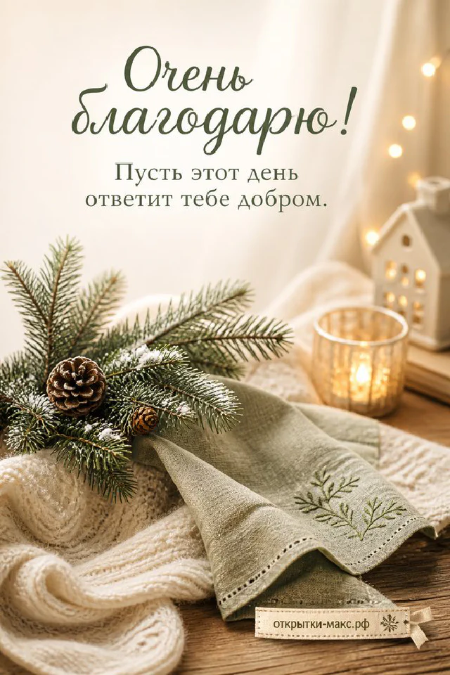 Открытка «Очень благодарю!» — акварельная карточка с вереском прислонена к синему блокноту рядом со свечой и ветками вербы — вариант 3