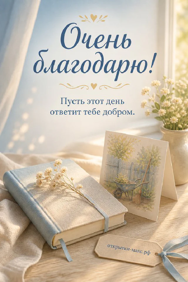 Открытка «Очень благодарю!» — акварельная карточка с вереском прислонена к синему блокноту рядом со свечой и ветками вербы — вариант 5