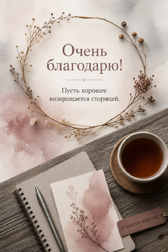 Фарфоровый чайный сервиз с лавандовым узором и конверт на кремовом фоне с надписью Очень благодарю — вариант 2