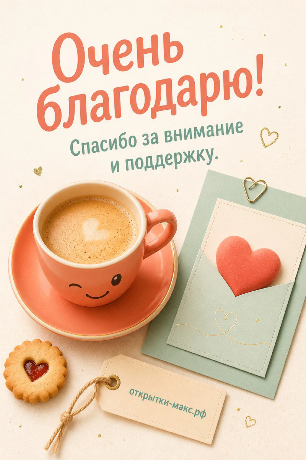Улыбающаяся кофейная чашка с сердечком на блюдце, конвертик с сердцем и печенье на светлом фоне