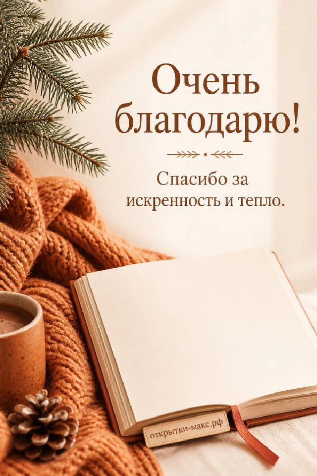 Раскрытая книга с осенним листом, букет осенних цветов, свеча и надпись Очень благодарю в тёплых тонах — вариант 3