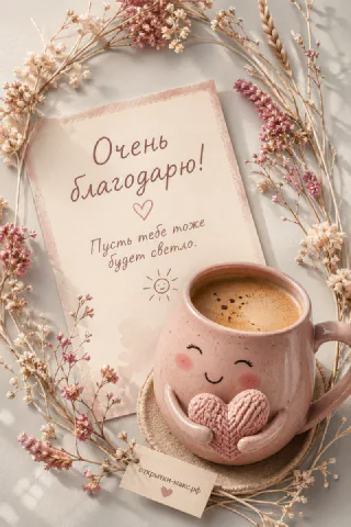 Розовая кружка кофе с улыбкой и сердечком среди венка из сухих цветов рядом с открыткой «Очень благодарю. Пусть тебе будет светло»