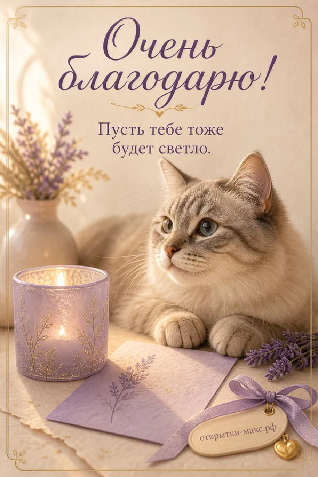 Розовая кружка кофе с улыбкой и сердечком среди венка из сухих цветов рядом с открыткой «Очень благодарю. Пусть тебе будет светло» — вариант 2